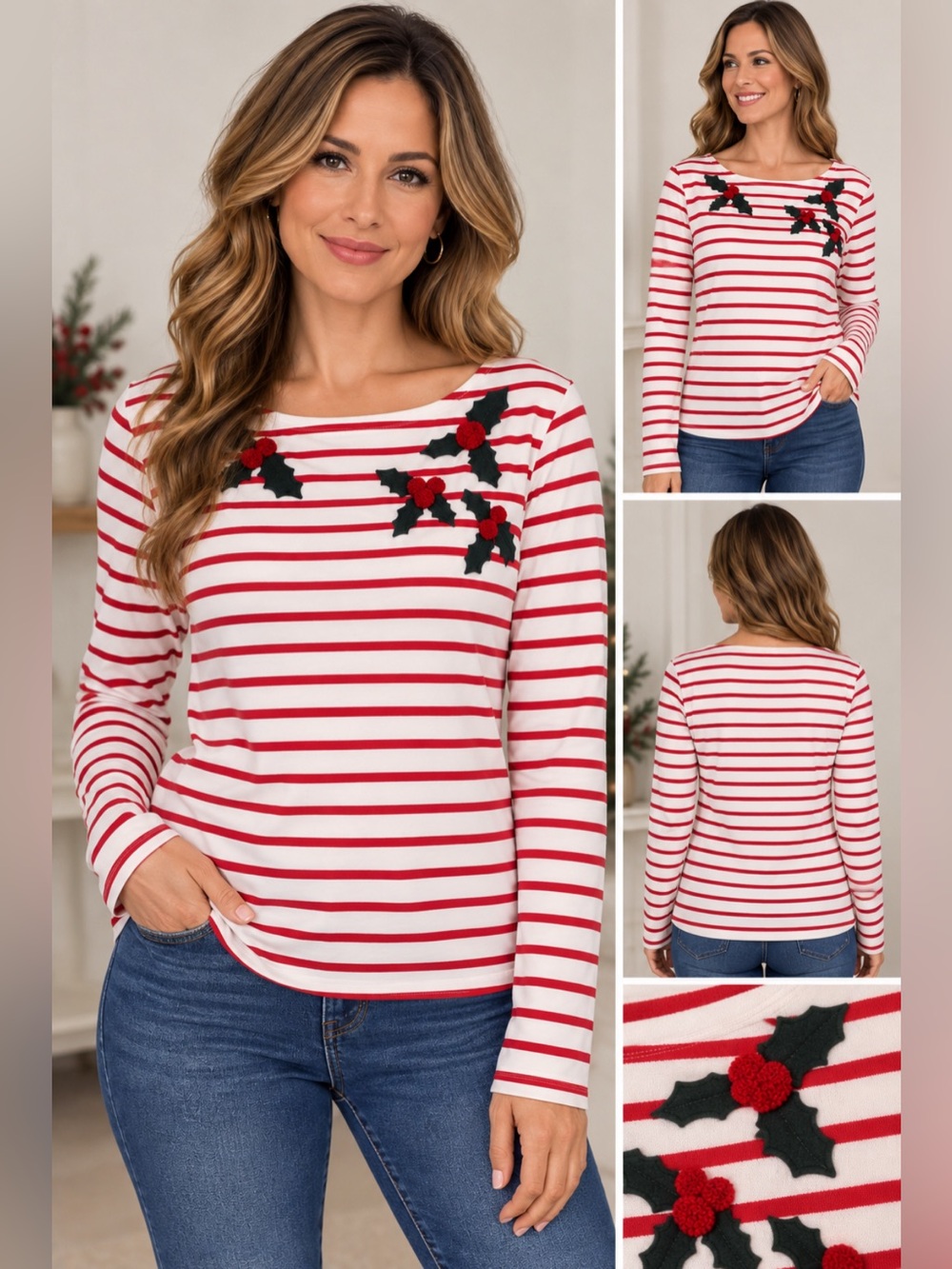 Talbots XL Holiday Holly Stripe Long Sleeve Top Red White Christmas